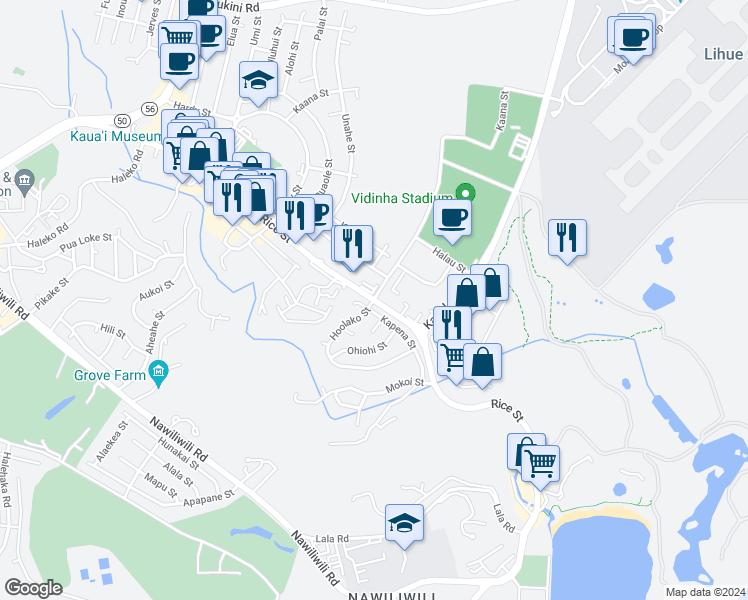 map of restaurants, bars, coffee shops, grocery stores, and more near Rice Street in Līhuʻe