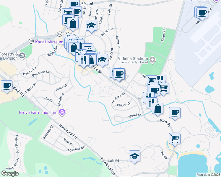 map of restaurants, bars, coffee shops, grocery stores, and more near 4084 Kapena Street in Lihue