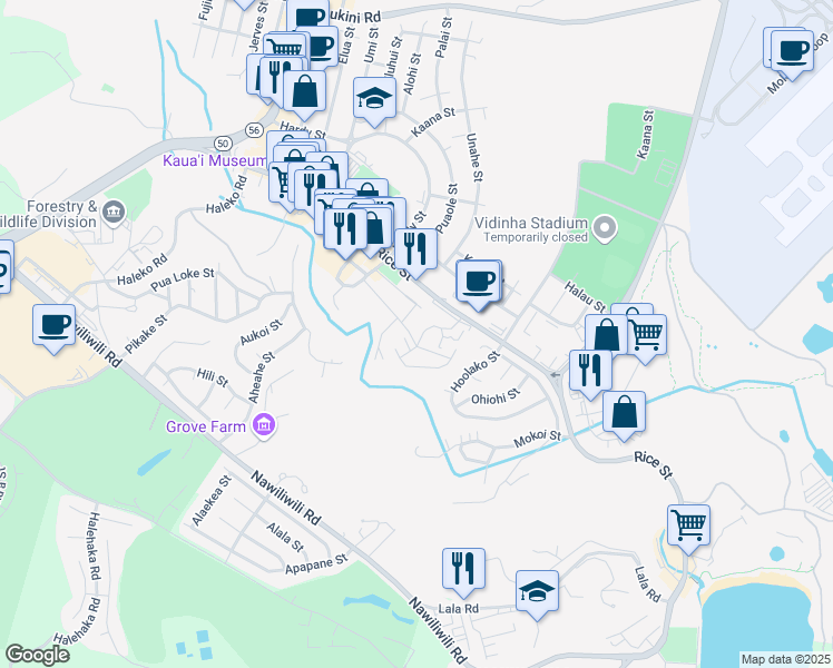 map of restaurants, bars, coffee shops, grocery stores, and more near 4160 Hoala Street in Lihue