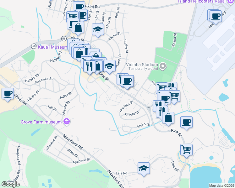 map of restaurants, bars, coffee shops, grocery stores, and more near 4084 Kapena Street in Lihue