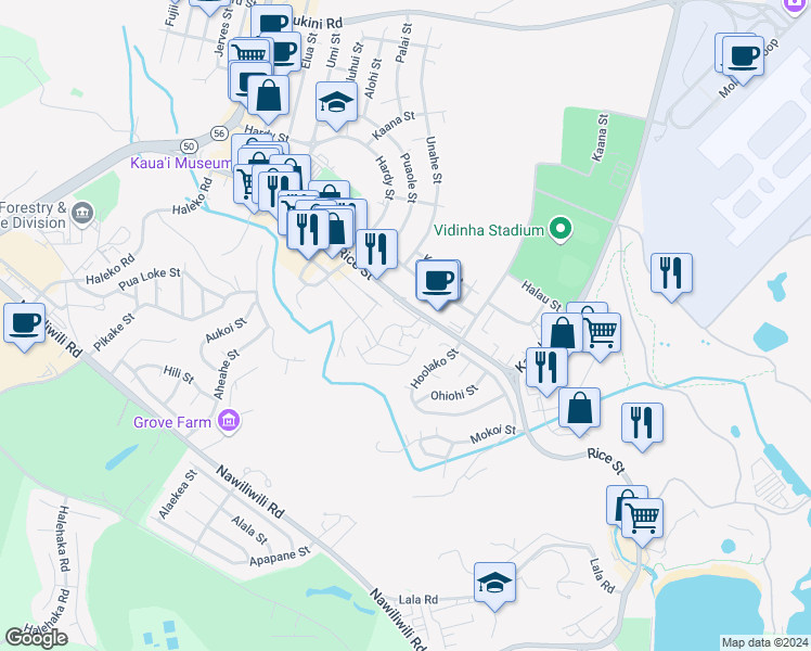 map of restaurants, bars, coffee shops, grocery stores, and more near 4084 Kapena Street in Lihue