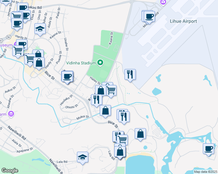 map of restaurants, bars, coffee shops, grocery stores, and more near 3129 Halau Street in Lihue