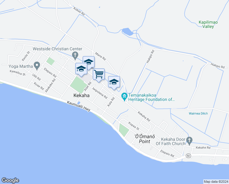 map of restaurants, bars, coffee shops, grocery stores, and more near 8315 Kekaha Road in Kekaha