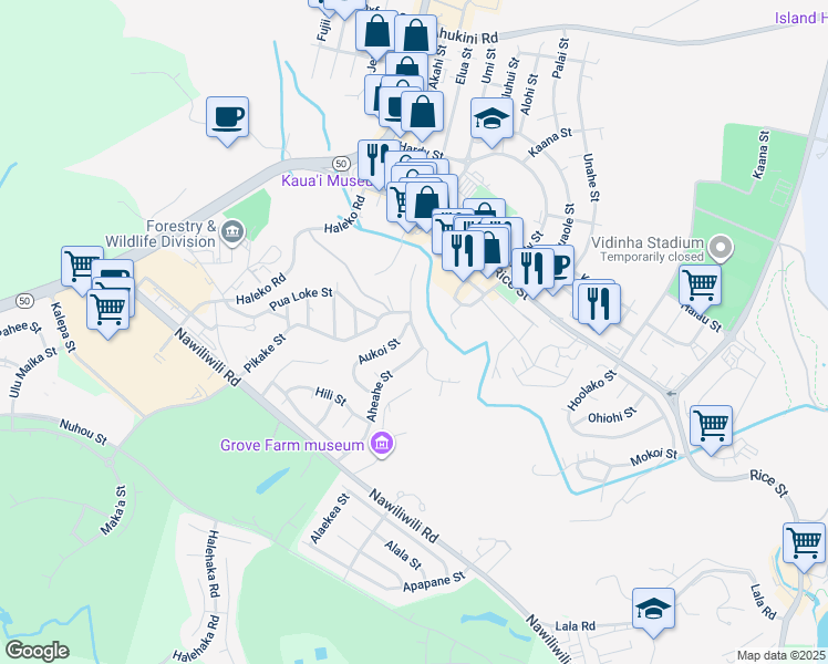 map of restaurants, bars, coffee shops, grocery stores, and more near Pua Nani Street in Lihue