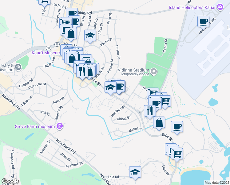 map of restaurants, bars, coffee shops, grocery stores, and more near 4120 Rice Street in Lihue