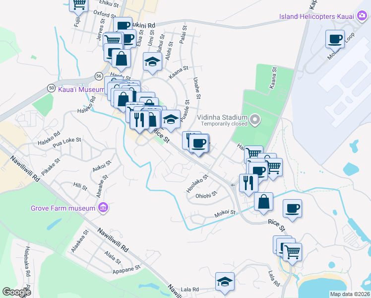 map of restaurants, bars, coffee shops, grocery stores, and more near 4120 Rice Street in Lihue