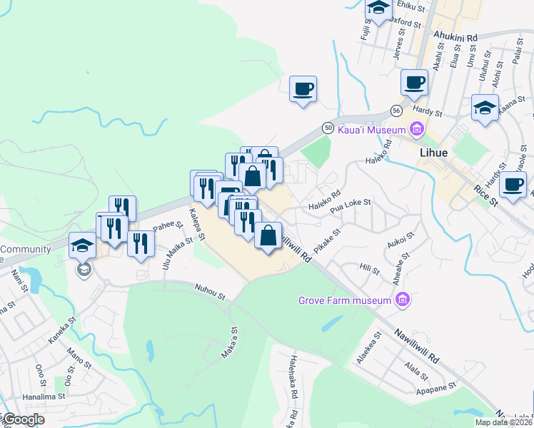 map of restaurants, bars, coffee shops, grocery stores, and more near 3-2600 Kaumualii Highway in Līhuʻe