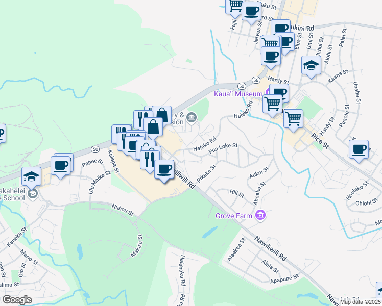 map of restaurants, bars, coffee shops, grocery stores, and more near 4377 Pua Loke Street in Lihue