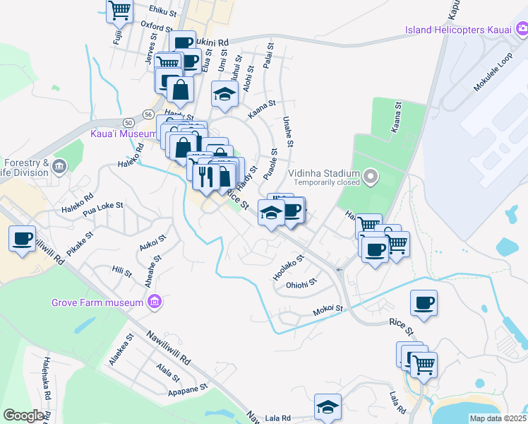 map of restaurants, bars, coffee shops, grocery stores, and more near 4181 Rice Street in Lihue