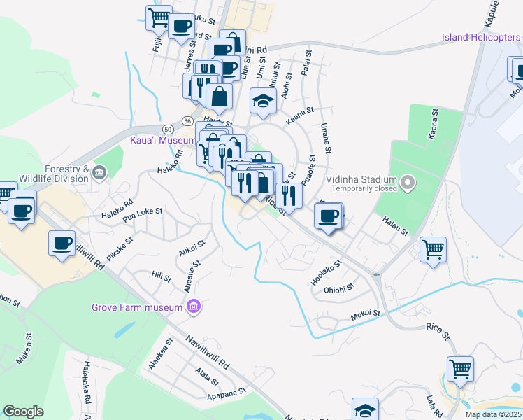 map of restaurants, bars, coffee shops, grocery stores, and more near Kalena Street in Lihue