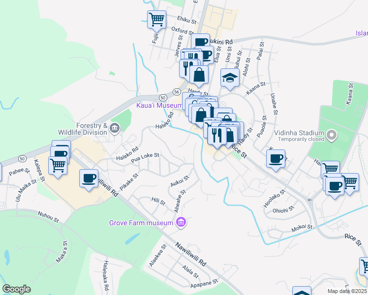 map of restaurants, bars, coffee shops, grocery stores, and more near 2906 Waa Road in Lihue