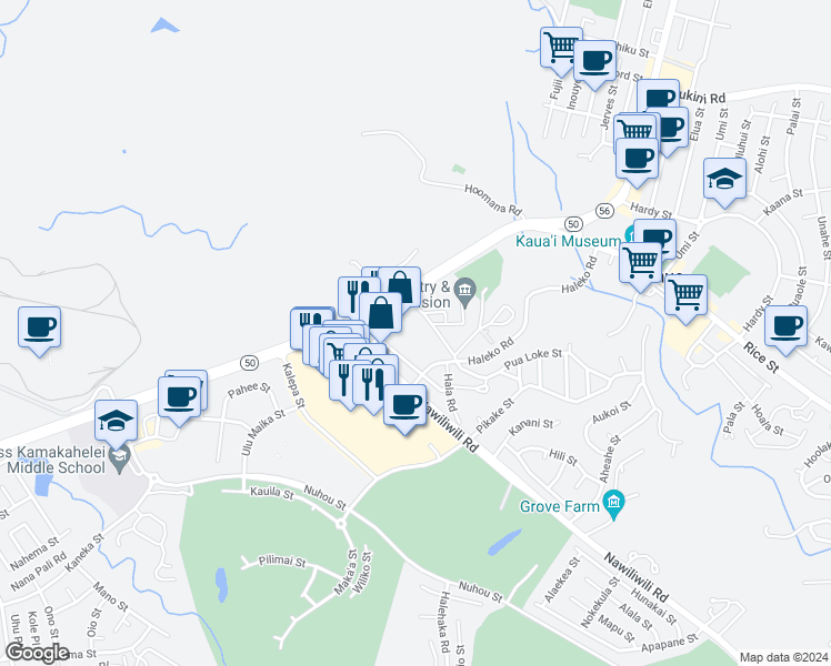 map of restaurants, bars, coffee shops, grocery stores, and more near 4374 Kukui Grove Street in Lihue