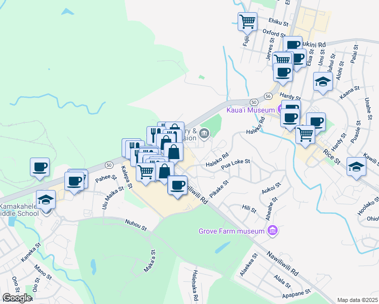 map of restaurants, bars, coffee shops, grocery stores, and more near 4395 Pua Loke Street in Lihue