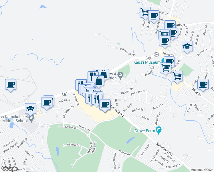 map of restaurants, bars, coffee shops, grocery stores, and more near 4374 Kukui Grove Street in Lihue
