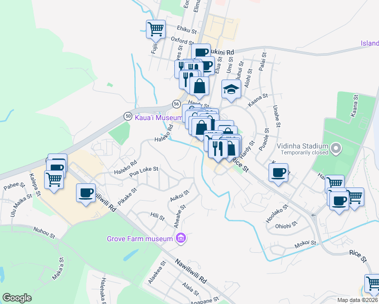 map of restaurants, bars, coffee shops, grocery stores, and more near 2935 Waa Road in Lihue