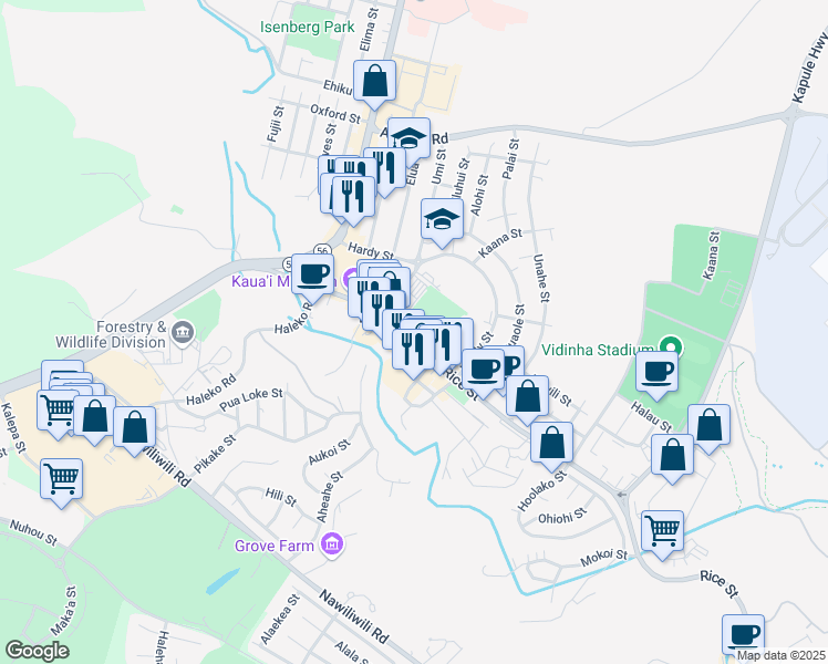 map of restaurants, bars, coffee shops, grocery stores, and more near 4364 Rice Street in Lihue