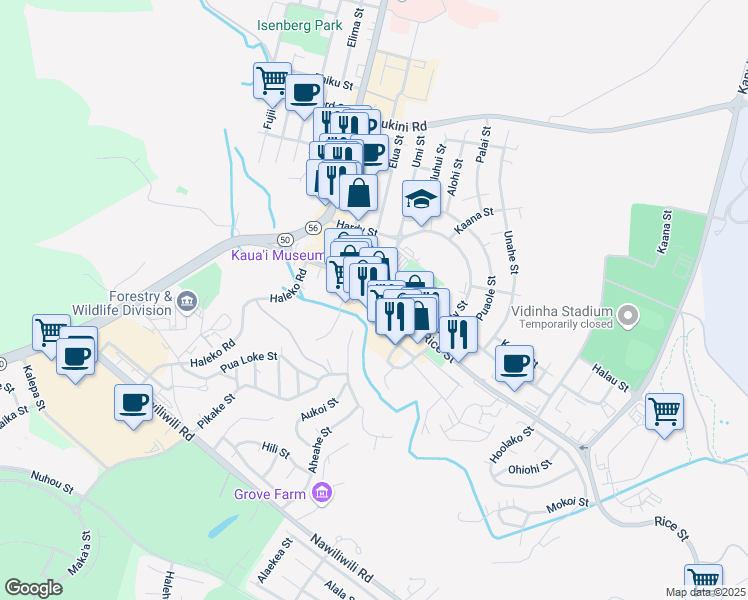 map of restaurants, bars, coffee shops, grocery stores, and more near 4357 Rice Street in Lihue