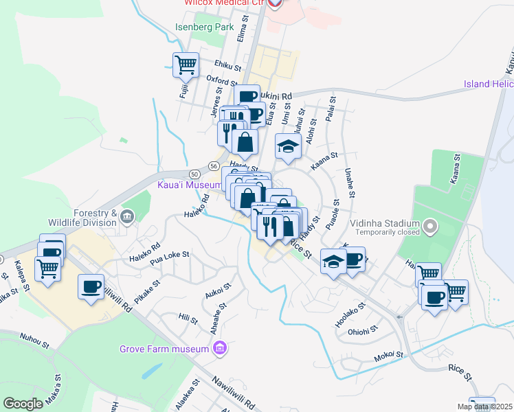 map of restaurants, bars, coffee shops, grocery stores, and more near 4364 Rice Street in Lihue