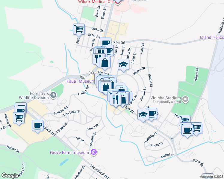 map of restaurants, bars, coffee shops, grocery stores, and more near 3020 Umi Street in Lihue