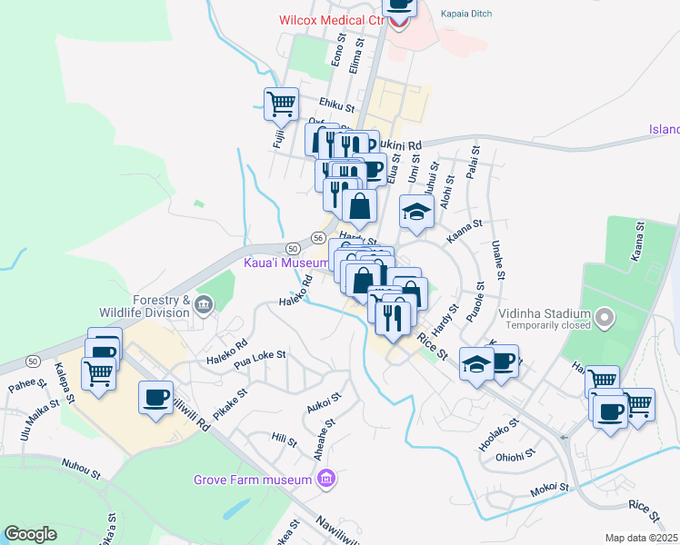 map of restaurants, bars, coffee shops, grocery stores, and more near 4420 Rice Street in Lihue