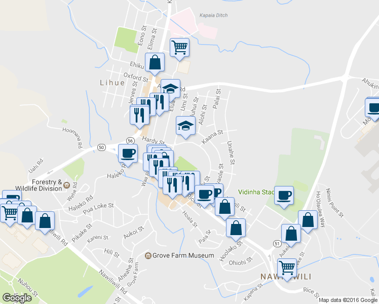 map of restaurants, bars, coffee shops, grocery stores, and more near 4319 Hardy Street in Līhuʻe