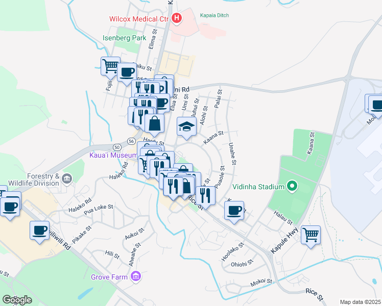 map of restaurants, bars, coffee shops, grocery stores, and more near 4319 Hardy Street in Līhuʻe