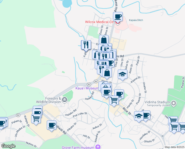 map of restaurants, bars, coffee shops, grocery stores, and more near 3120 Jerves Street in Lihue