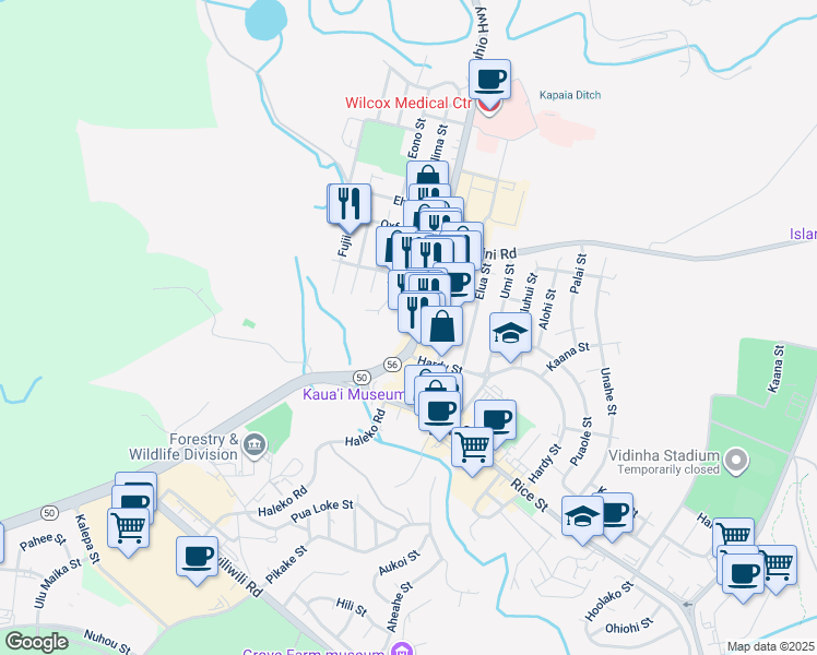 map of restaurants, bars, coffee shops, grocery stores, and more near 3113 Hawaii 56 in Lihue