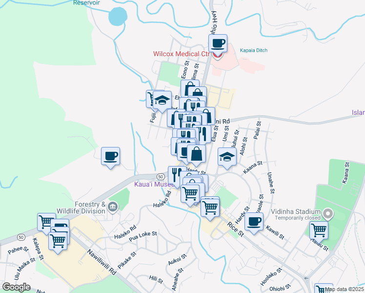 map of restaurants, bars, coffee shops, grocery stores, and more near 3113 Hawaii 56 in Lihue