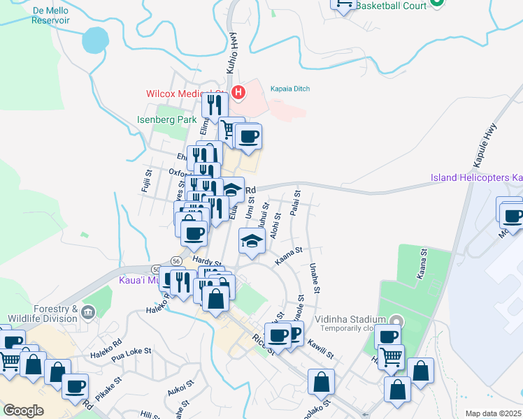 map of restaurants, bars, coffee shops, grocery stores, and more near 3208 Umi Street in Lihue