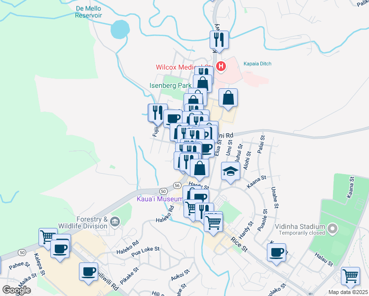 map of restaurants, bars, coffee shops, grocery stores, and more near 4529 Poinciana Street in Lihue