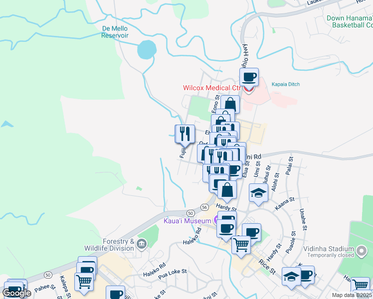 map of restaurants, bars, coffee shops, grocery stores, and more near 3214 Fujii Street in Lihue