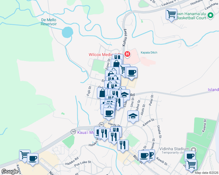 map of restaurants, bars, coffee shops, grocery stores, and more near 3214 Fujii Street in Lihue