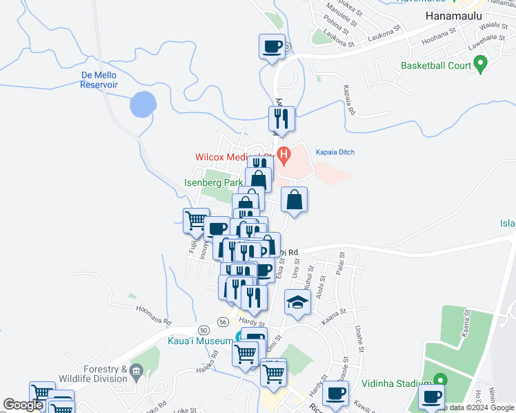 map of restaurants, bars, coffee shops, grocery stores, and more near 3-3311 Kuhio Highway in Lihue