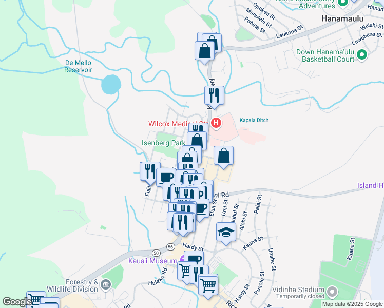 map of restaurants, bars, coffee shops, grocery stores, and more near 3336 Elima Street in Lihue