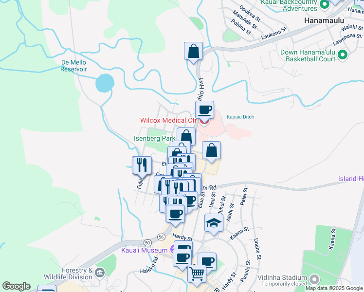map of restaurants, bars, coffee shops, grocery stores, and more near 3336 Elima Street in Lihue