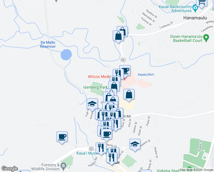 map of restaurants, bars, coffee shops, grocery stores, and more near 3360 Eono Street in Lihue