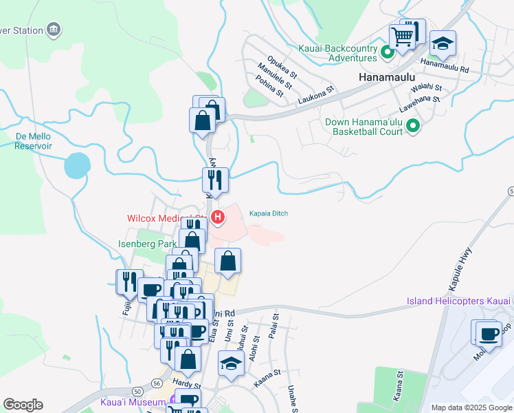 map of restaurants, bars, coffee shops, grocery stores, and more near 3-3400 Kuhio Highway in Lihue