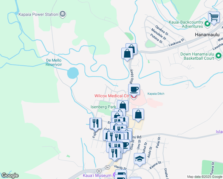 map of restaurants, bars, coffee shops, grocery stores, and more near 4611 Ekolu Street in Lihue