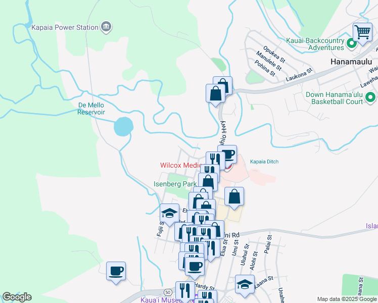 map of restaurants, bars, coffee shops, grocery stores, and more near 4611 Ekolu Street in Lihue