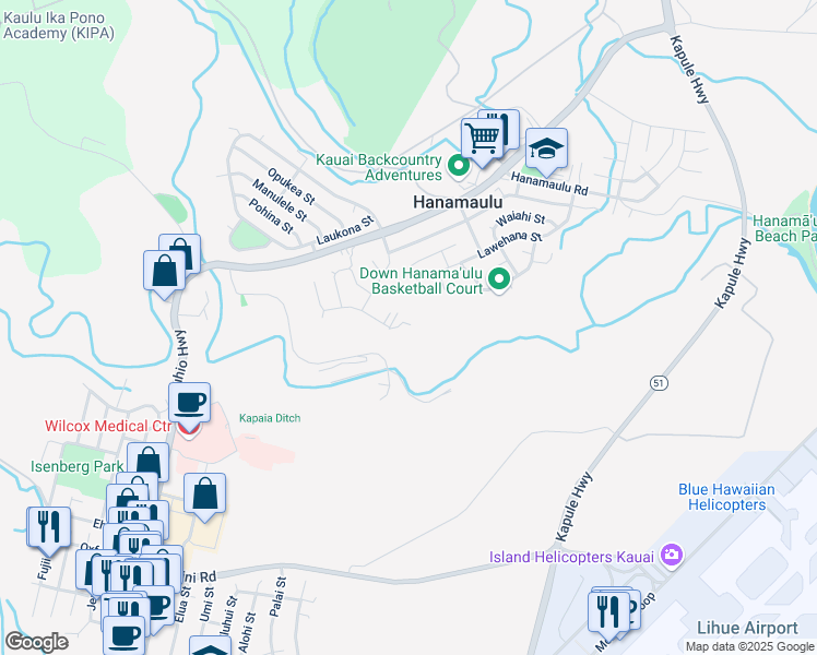 map of restaurants, bars, coffee shops, grocery stores, and more near 3947 Hoohuki Street in Lihue