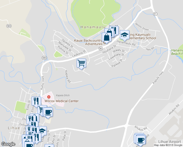 map of restaurants, bars, coffee shops, grocery stores, and more near 3947 Hoohuki Street in Lihue
