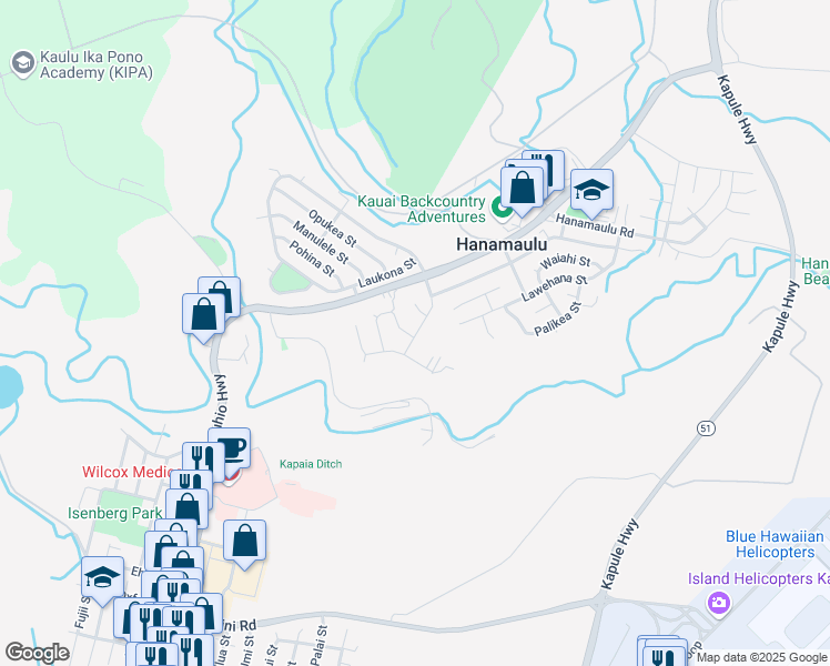 map of restaurants, bars, coffee shops, grocery stores, and more near 3882 Kaia Place in Lihue