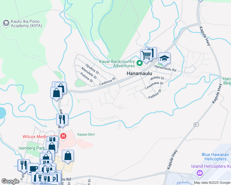 map of restaurants, bars, coffee shops, grocery stores, and more near 3882 Kaia Place in Lihue