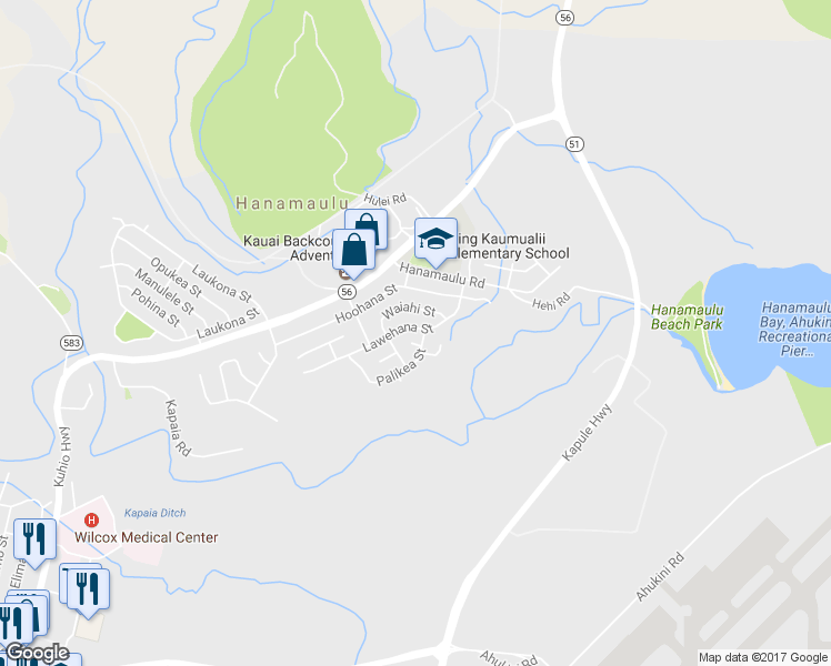 map of restaurants, bars, coffee shops, grocery stores, and more near 4178 Lawehana Street in Lihue