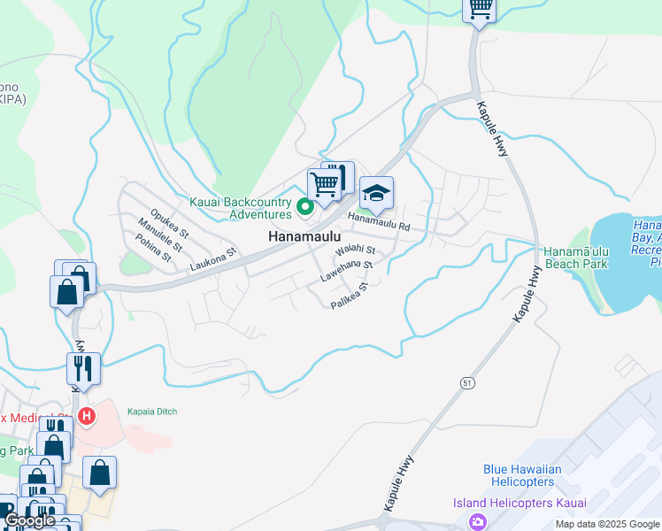 map of restaurants, bars, coffee shops, grocery stores, and more near 4117 Waiahi Street in Lihue