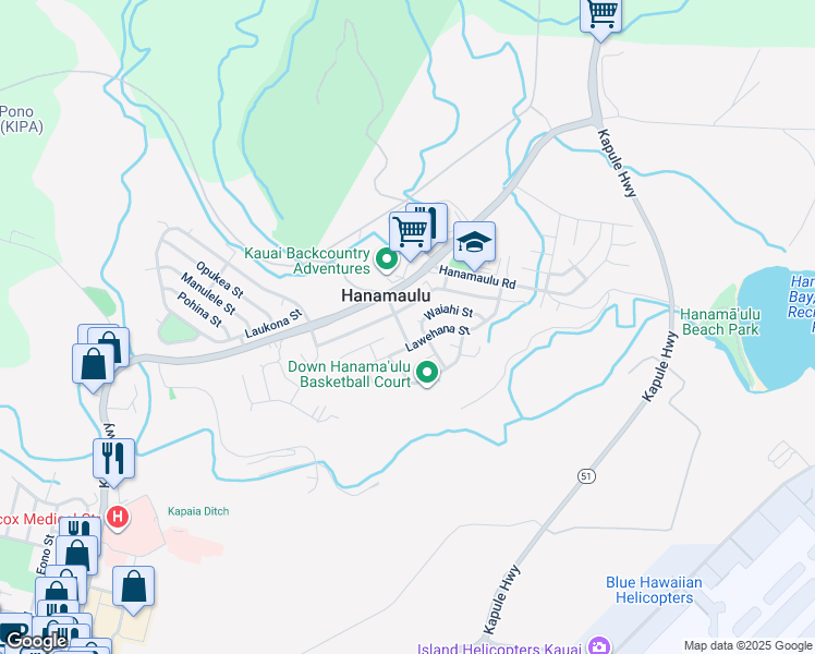 map of restaurants, bars, coffee shops, grocery stores, and more near 4117 Waiahi Street in Lihue