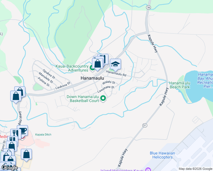 map of restaurants, bars, coffee shops, grocery stores, and more near 4178 Lawehana Street in Lihue