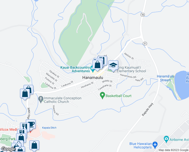 map of restaurants, bars, coffee shops, grocery stores, and more near 3 Kuhio Highway in Līhuʻe