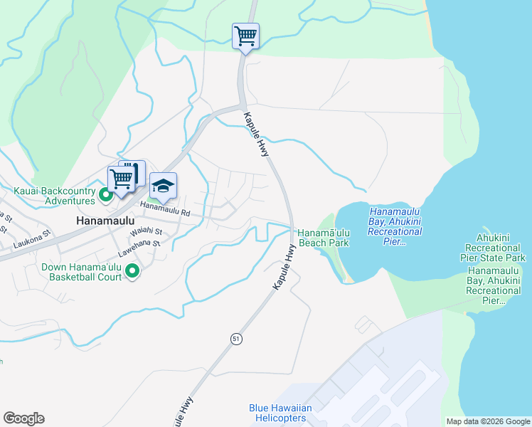 map of restaurants, bars, coffee shops, grocery stores, and more near 4110 Hehi Road in Lihue